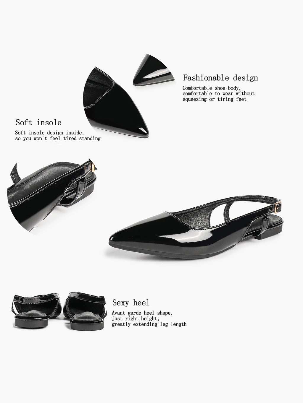 Black Patent Leather Slingback Flats Sleek Pointed Toe Slip On Casual Shoes