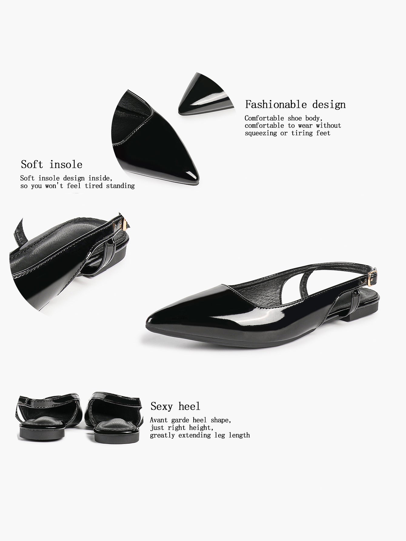 Black Patent Leather Slingback Flats Sleek Pointed Toe Slip On Casual Shoes