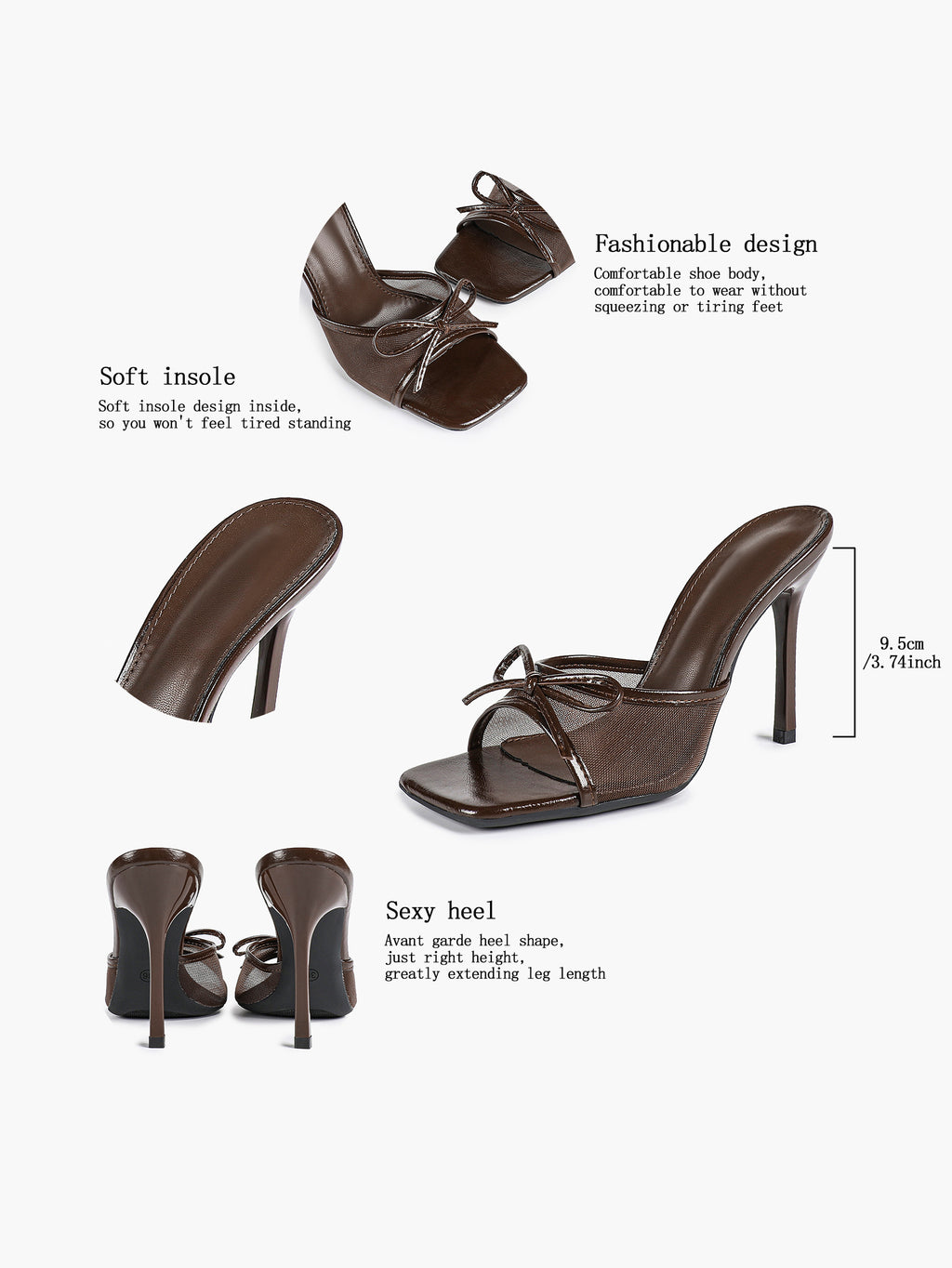Pink Mesh Panel Bow Square Toe Heeled Mules Stiletto Slide Sandals Party Daily Wear