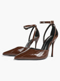 Women's Brown Crinkled Patent Leather Pointed Toe D'Orsay Heeled Pumps