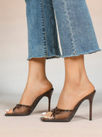 Pink Mesh Panel Bow Square Toe Heeled Mules Stiletto Slide Sandals Party Daily Wear