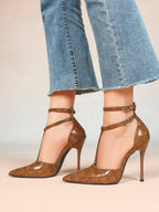 Croc-Embossed Leather T-Strap Heels Pointed Toe Stilettos for Work Date Night