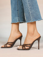 Mesh Panel Square Toe Heeled Mules Slide Sandals Party Clubwear