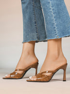 Croc-Embossed Heeled Mules Square Toe Sandals Work Weekend Shoes
