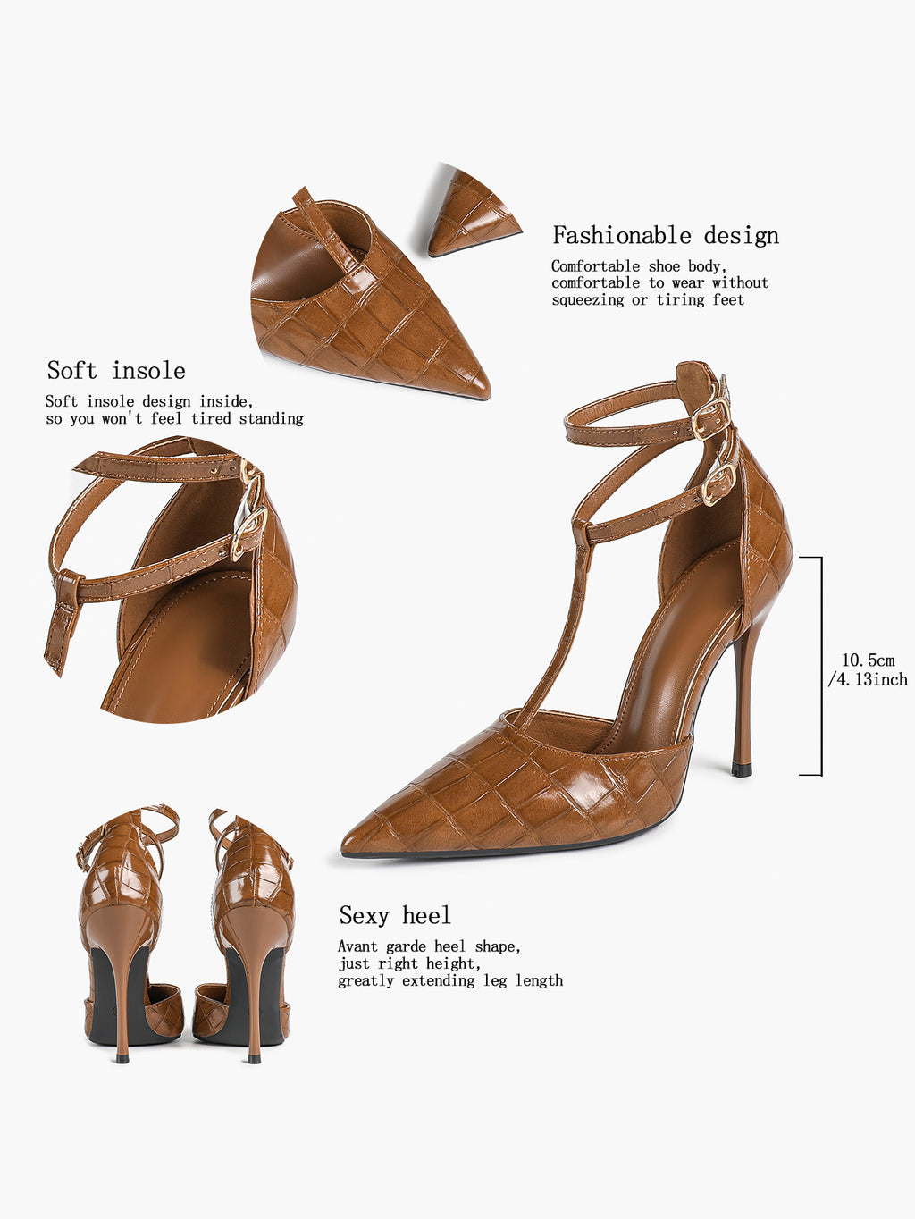 Croc-Embossed Leather T-Strap Heels Pointed Toe Stilettos for Work Date Night