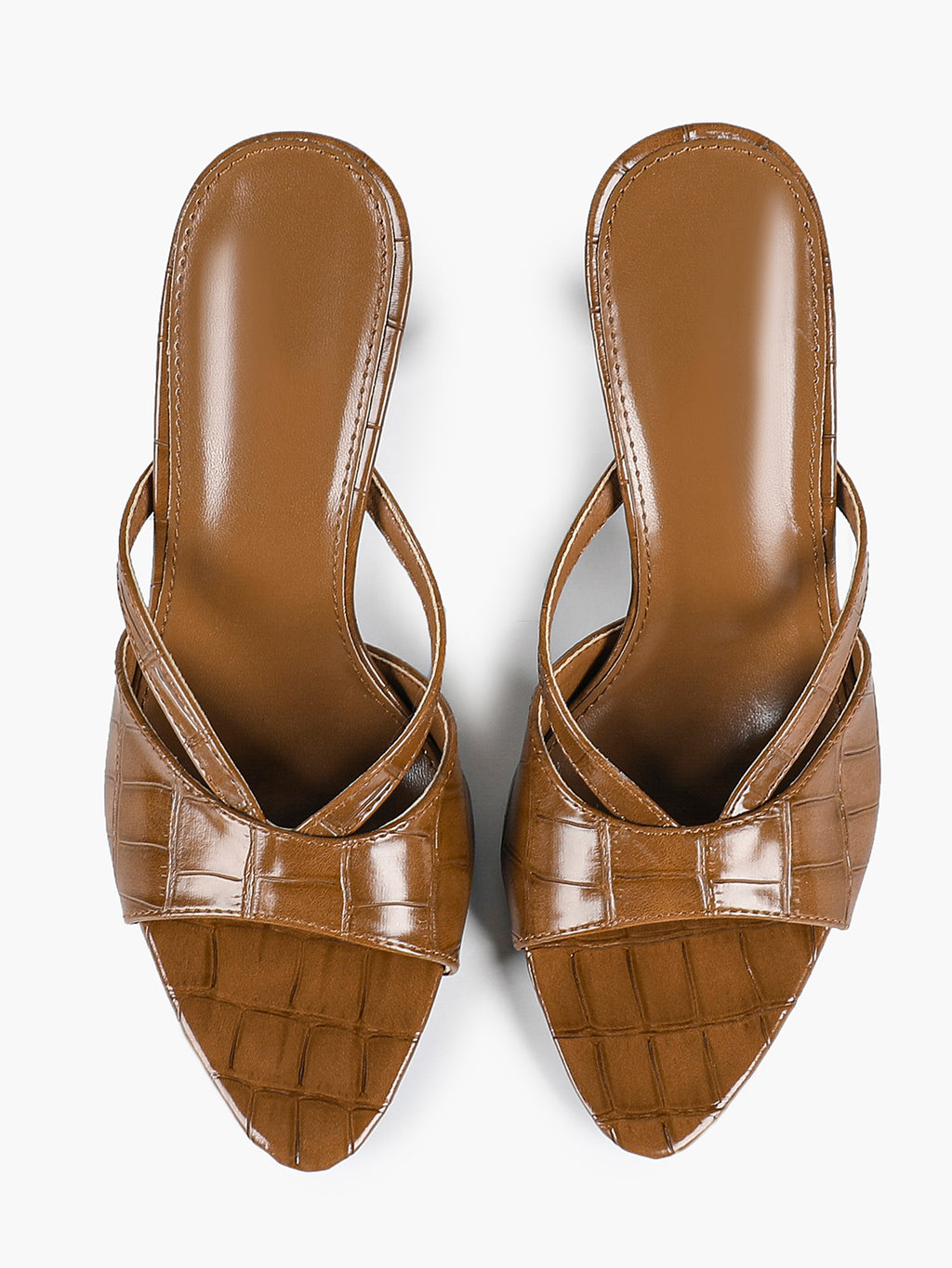 Croc-Embossed Heeled Mules Square Toe Sandals Work Weekend Shoes