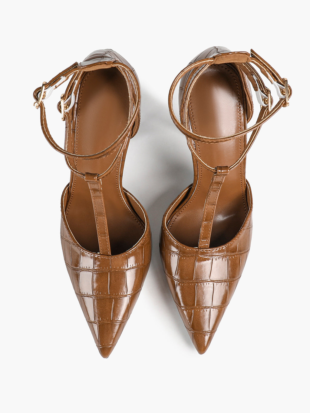 Croc-Embossed Leather T-Strap Heels Pointed Toe Stilettos for Work Date Night
