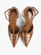 Croc-Embossed Leather T-Strap Heels Pointed Toe Stilettos for Work Date Night