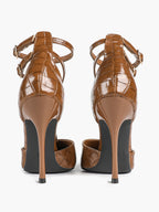 Croc-Embossed Leather T-Strap Heels Pointed Toe Stilettos for Work Date Night