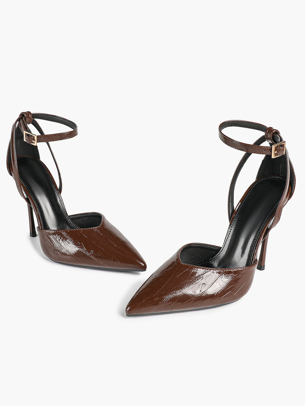 Women's Brown Crinkled Patent Leather Pointed Toe D'Orsay Heeled Pumps