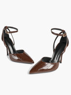 Women's Brown Crinkled Patent Leather Pointed Toe D'Orsay Heeled Pumps