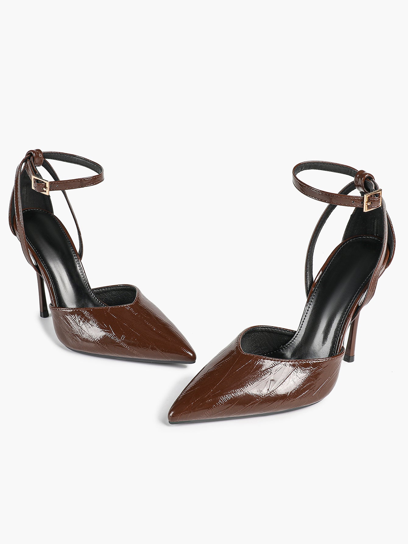 Women's Brown Crinkled Patent Leather Pointed Toe D'Orsay Heeled Pumps