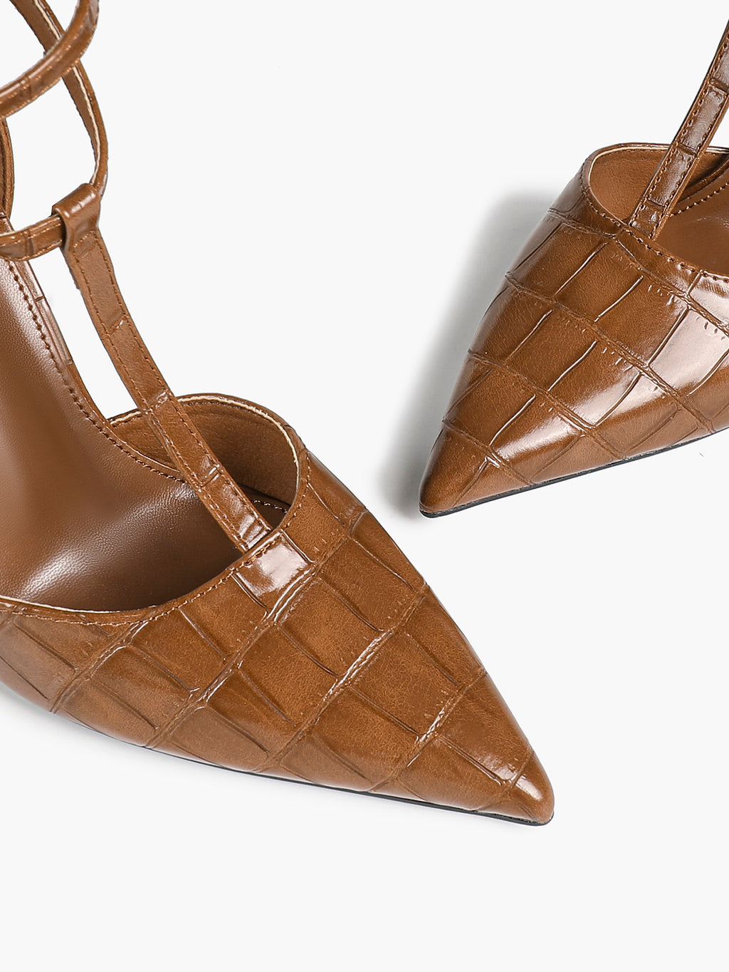 Croc-Embossed Leather T-Strap Heels Pointed Toe Stilettos for Work Date Night
