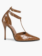 Croc-Embossed Leather T-Strap Heels Pointed Toe Stilettos for Work Date Night