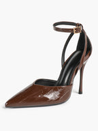 Women's Brown Crinkled Patent Leather Pointed Toe D'Orsay Heeled Pumps