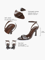 Black Leather Square Toe Ankle Strap High Heel Sandals