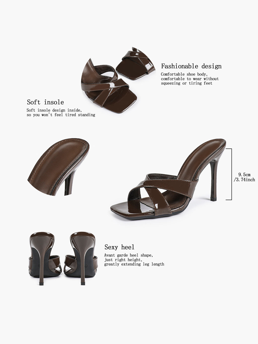 Women's Patent Leather Crisscross Strap High Heel Mules Square Toe Slip-On Stiletto Sandals