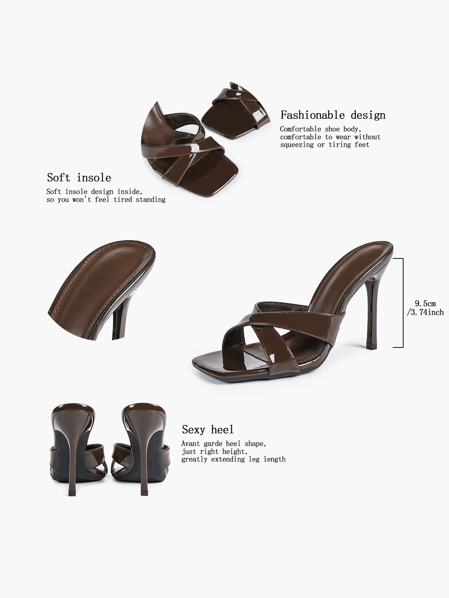 Women's Patent Leather Crisscross Strap High Heel Mules Square Toe Slip-On Stiletto Sandals
