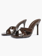 Women's Patent Leather Crisscross Strap High Heel Mules Square Toe Slip-On Stiletto Sandals