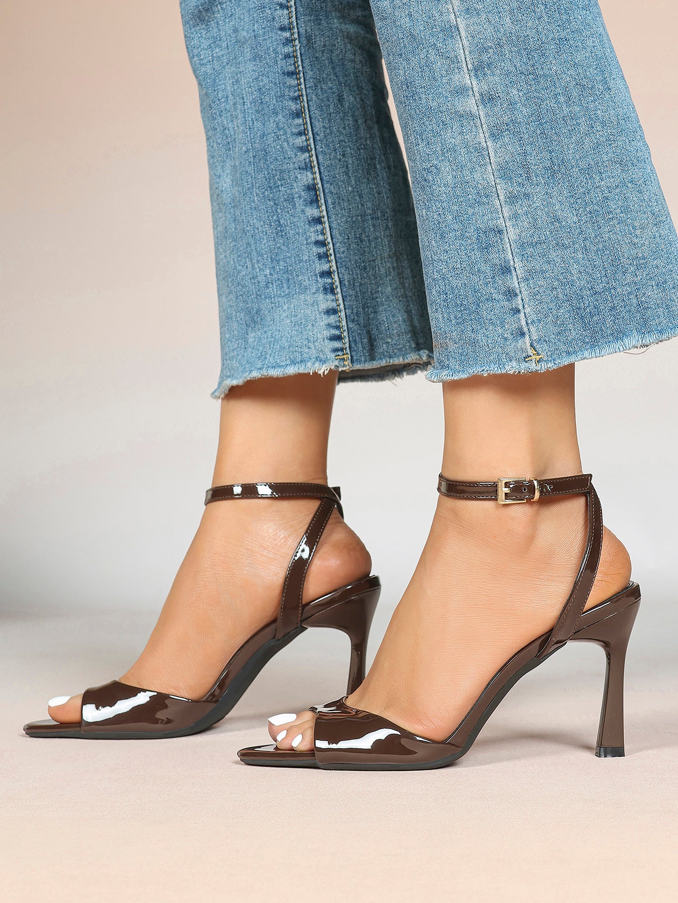 White Ankle Strap Open Toe Block Heeled Sandals - Wedding Party Office