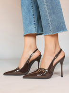 Leather Multi Buckle Slingback Pointed Toe Stiletto Heels-Elegant Dress Shoes