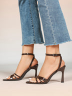 Women's Black Patent Leather Multi-Strap Ankle Strap Heeled Sandals - Summer Party Heels