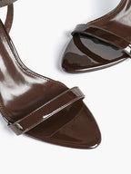 Black Leather Square Toe Ankle Strap High Heel Sandals