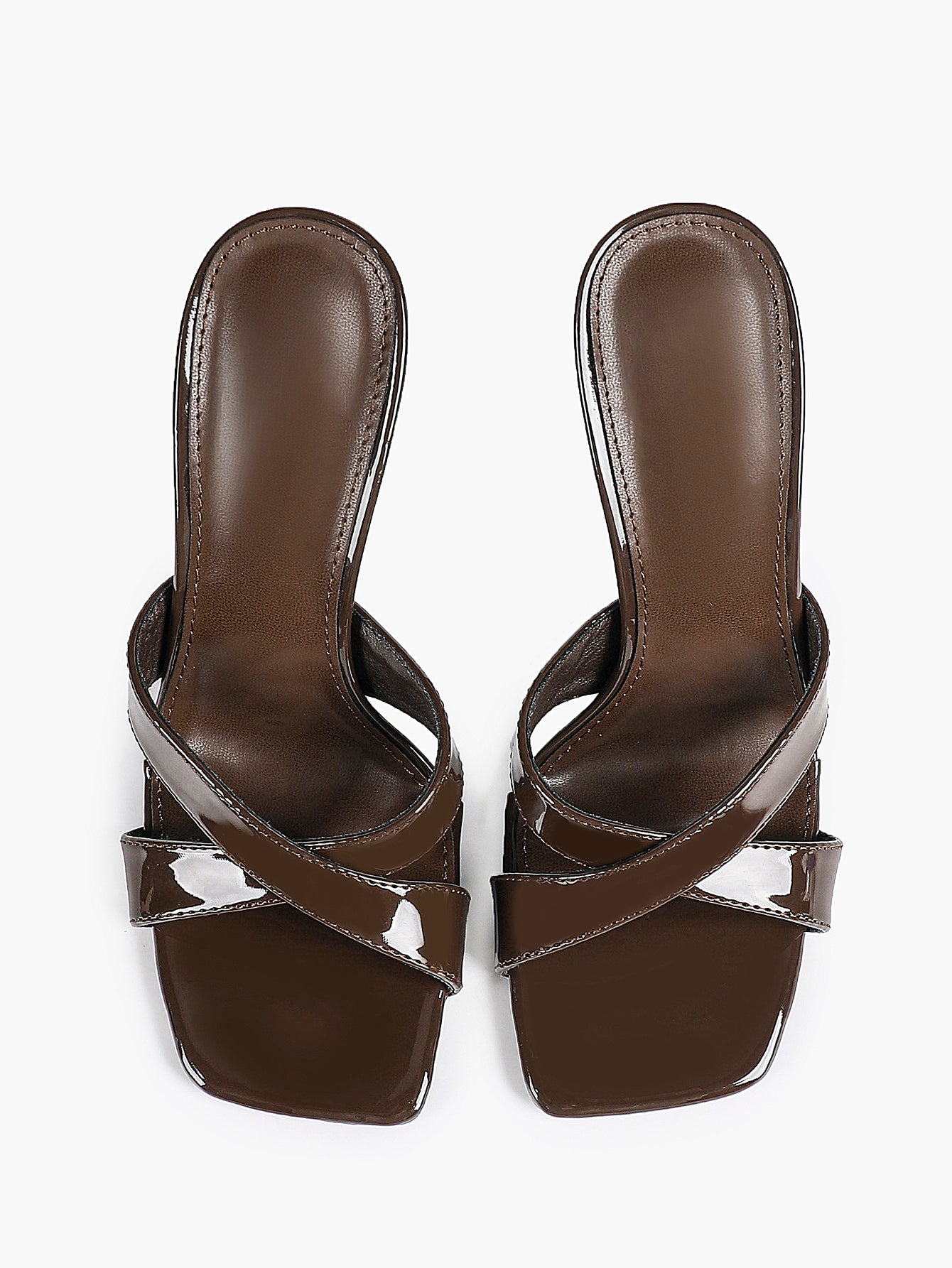 Women's Patent Leather Crisscross Strap High Heel Mules Square Toe Slip-On Stiletto Sandals