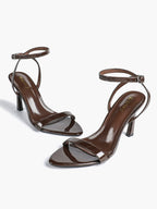 Black Leather Square Toe Ankle Strap High Heel Sandals