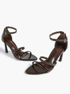 Black Leather Double Strap Heeled Sandals Open Toe - Casual Office Stiletto Pumps