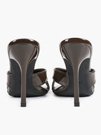 Women's Patent Leather Crisscross Strap High Heel Mules Square Toe Slip-On Stiletto Sandals