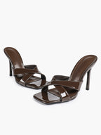 Women's Patent Leather Crisscross Strap High Heel Mules Square Toe Slip-On Stiletto Sandals