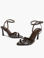 Women's Black Patent Leather Multi-Strap Ankle Strap Heeled Sandals - Summer Party Heels