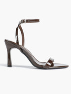 Black Leather Square Toe Ankle Strap High Heel Sandals