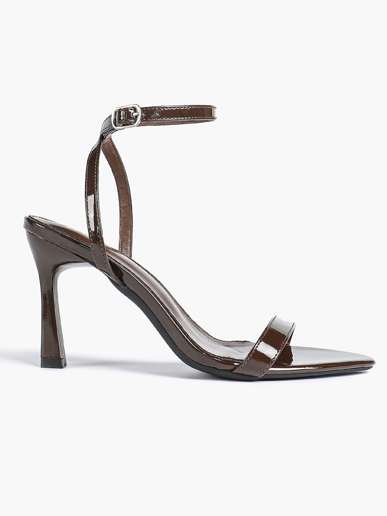 Black Leather Square Toe Ankle Strap High Heel Sandals