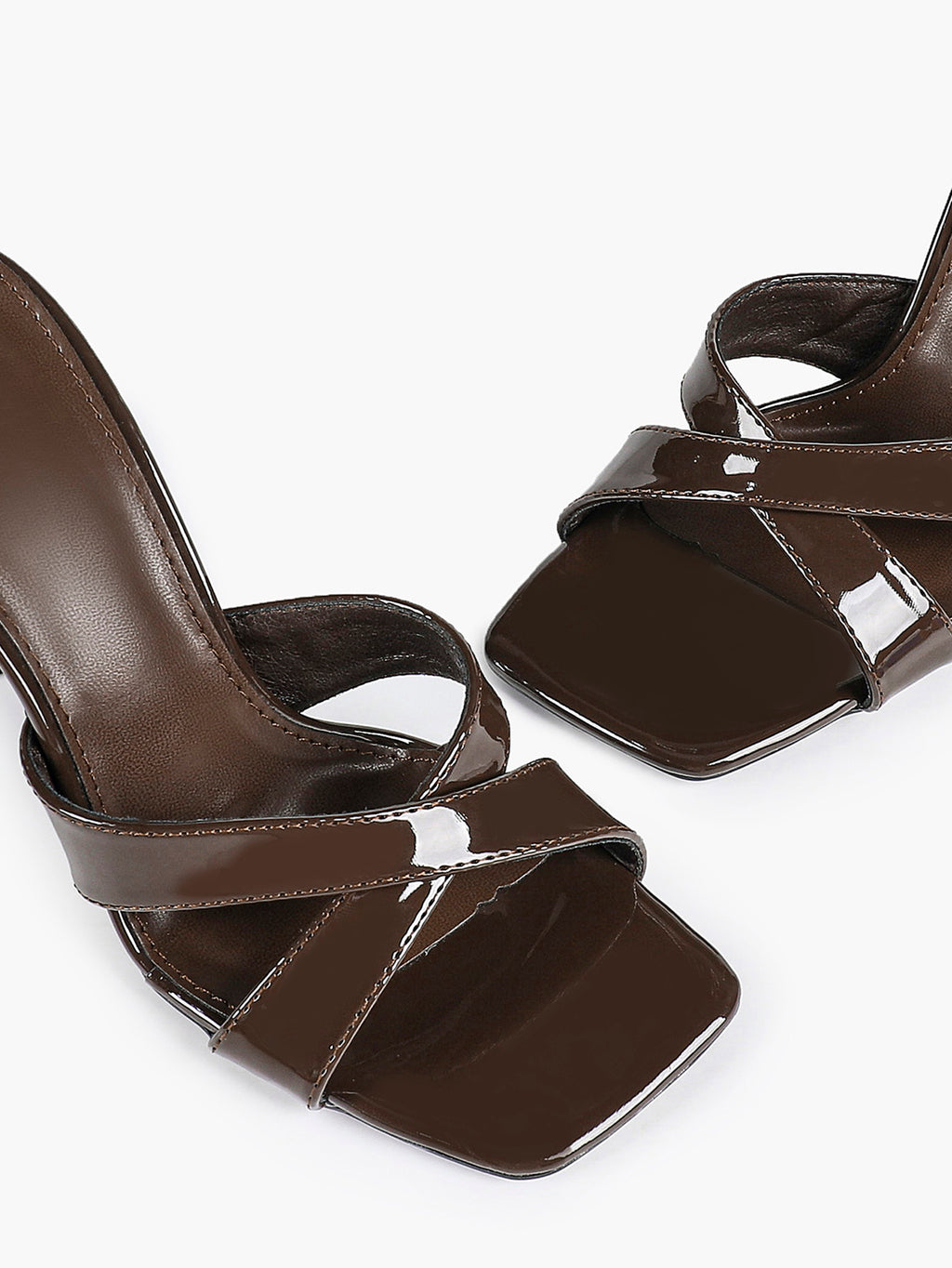 Women's Patent Leather Crisscross Strap High Heel Mules Square Toe Slip-On Stiletto Sandals