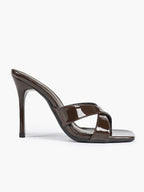 Women's Patent Leather Crisscross Strap High Heel Mules Square Toe Slip-On Stiletto Sandals