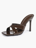 Women's Patent Leather Crisscross Strap High Heel Mules Square Toe Slip-On Stiletto Sandals