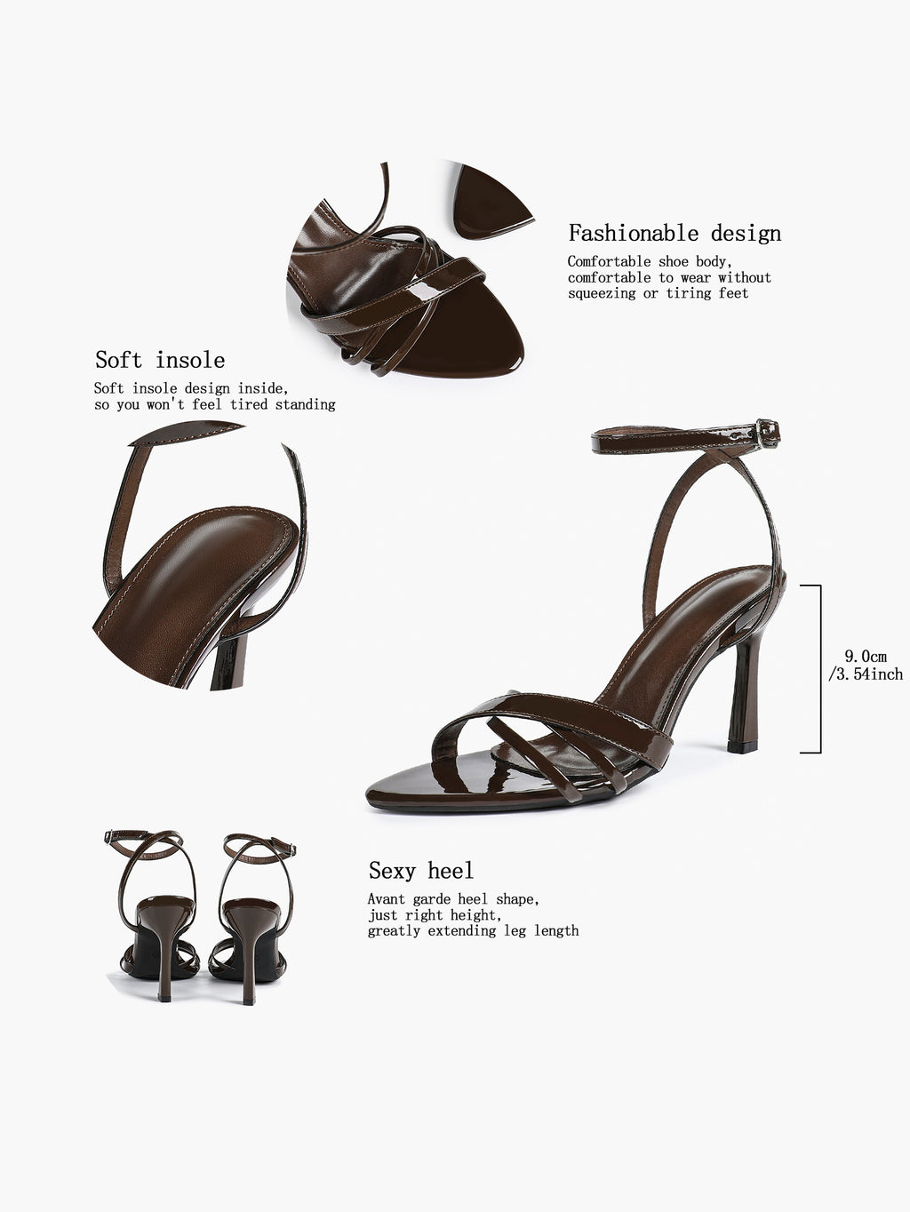 Women's Black Patent Leather Multi-Strap Ankle Strap Heeled Sandals - Summer Party Heels