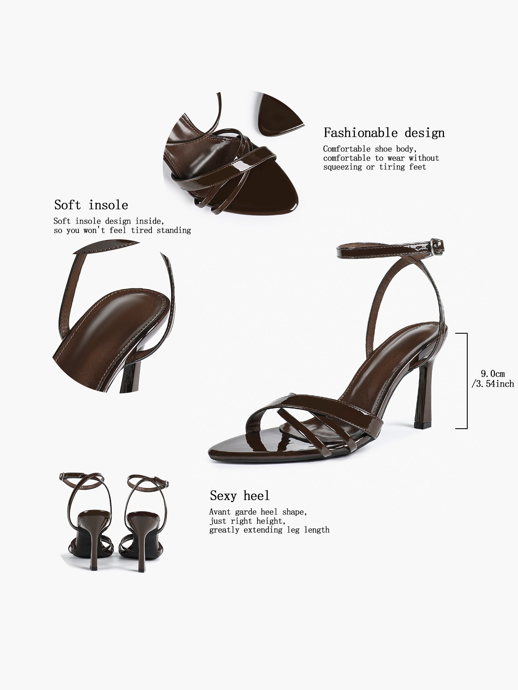 Women's Black Patent Leather Multi-Strap Ankle Strap Heeled Sandals - Summer Party Heels