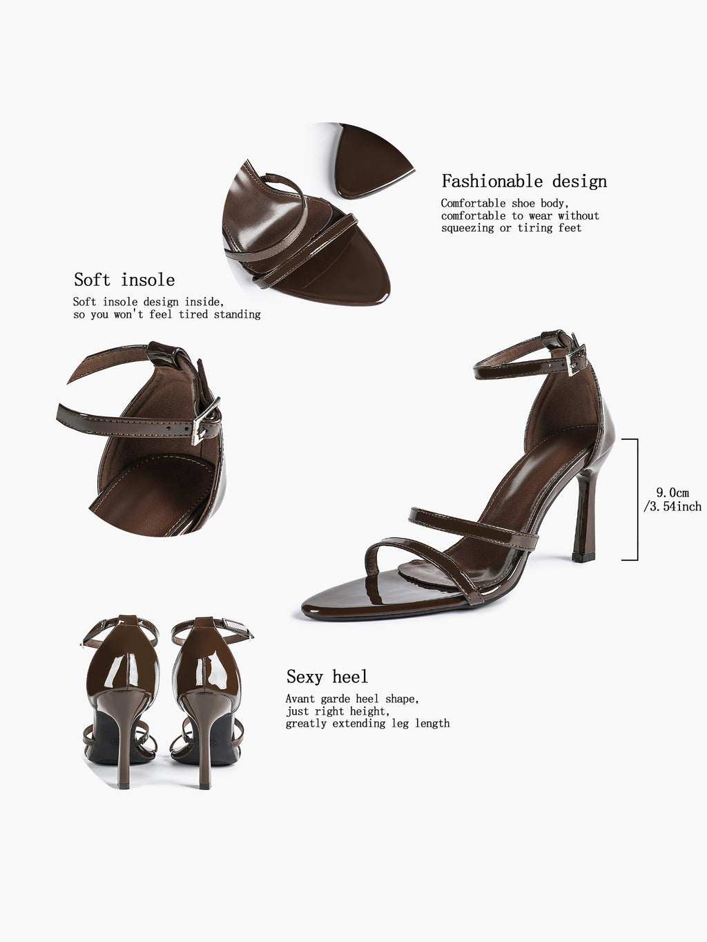 Black Leather Double Strap Heeled Sandals Open Toe - Casual Office Stiletto Pumps