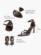 Black Leather Double Strap Heeled Sandals Open Toe - Casual Office Stiletto Pumps