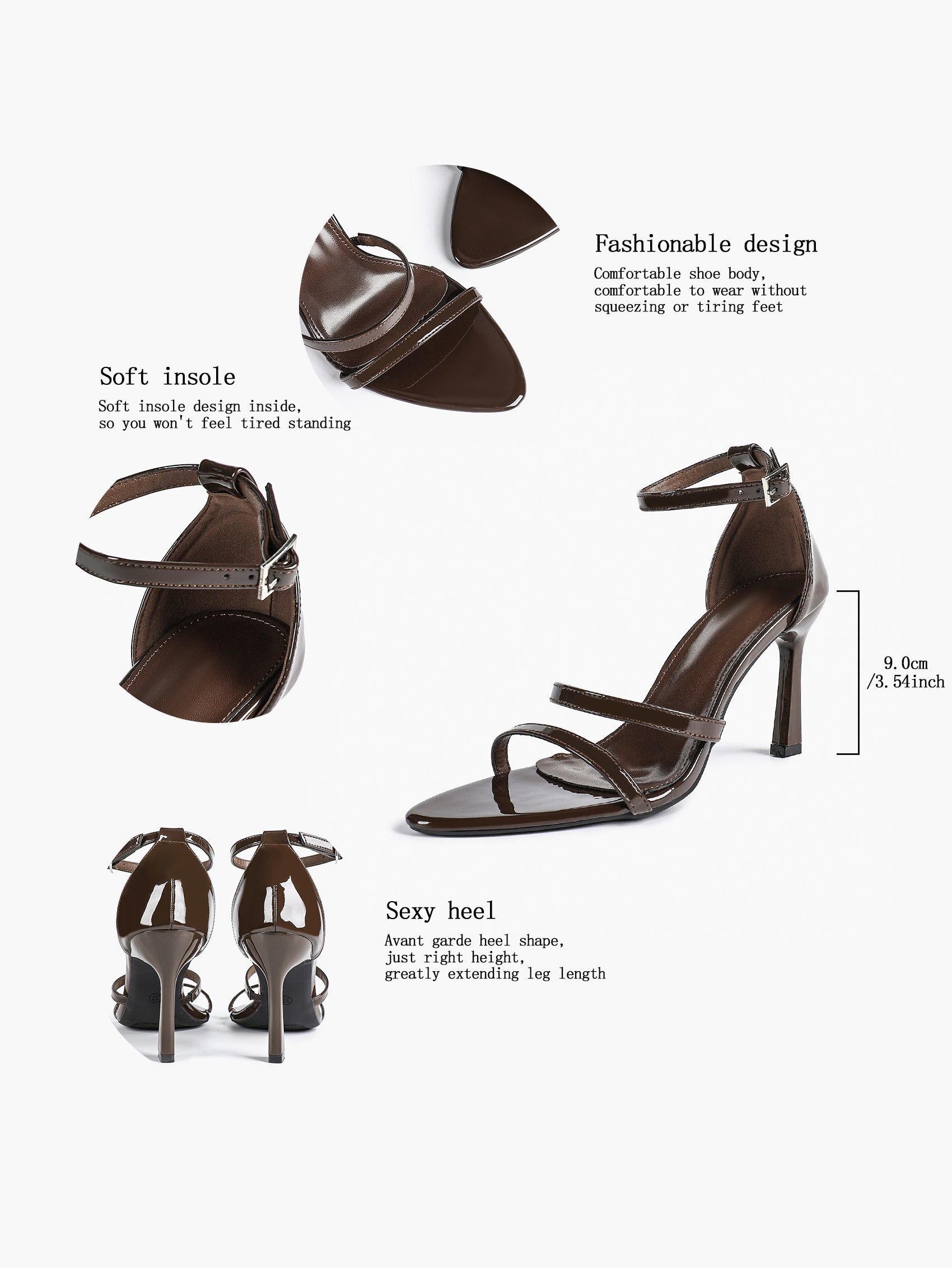 Black Leather Double Strap Heeled Sandals Open Toe - Casual Office Stiletto Pumps