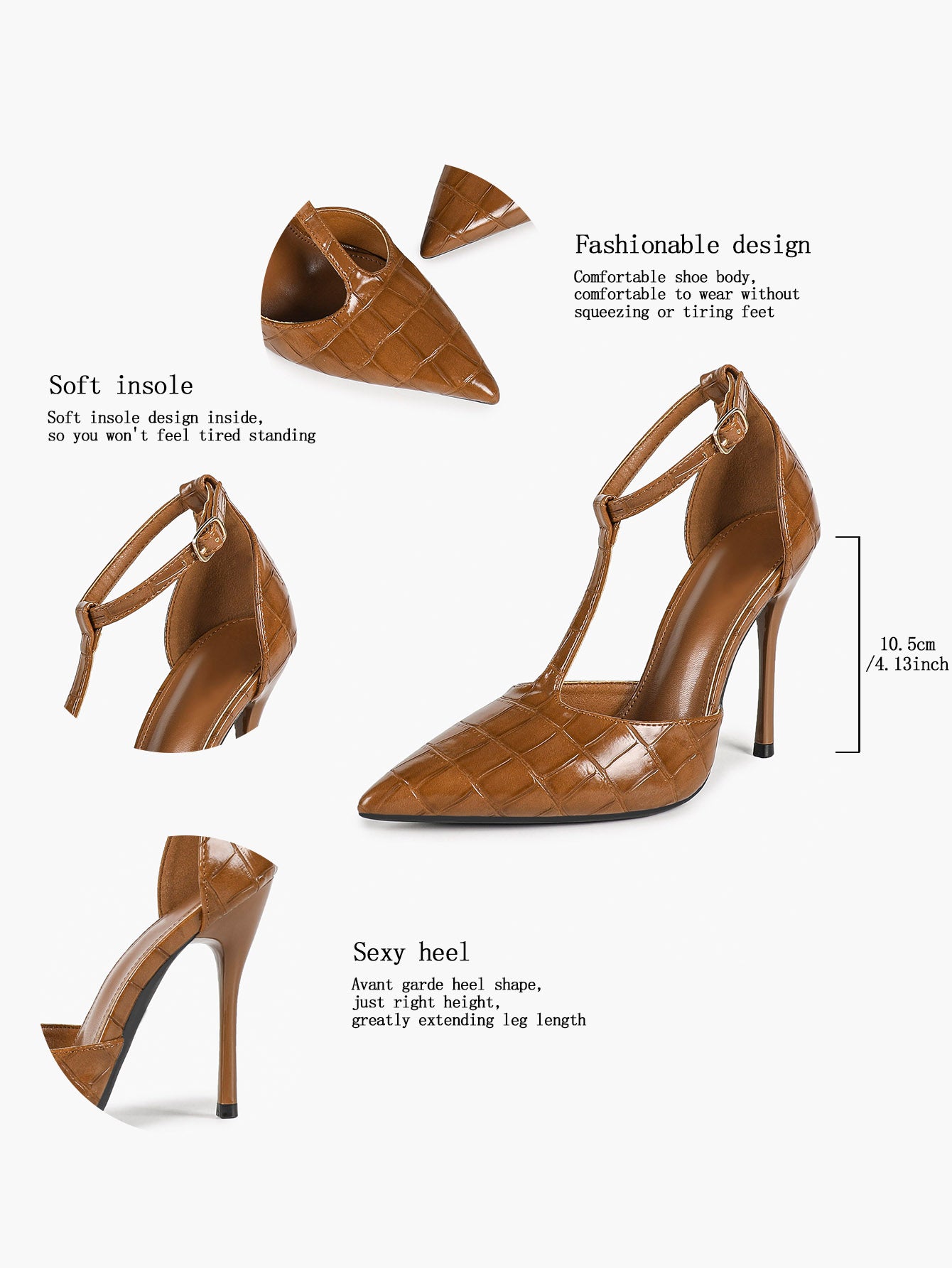 Sculpted T-Strap Stilettos - Caramel Quilted Patent Pumps with a Leg-Lengthening 4.13" Heel