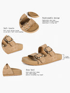 Camel Suede Double-Buckle Platform Slides with Textured Gold-Tone Hardware