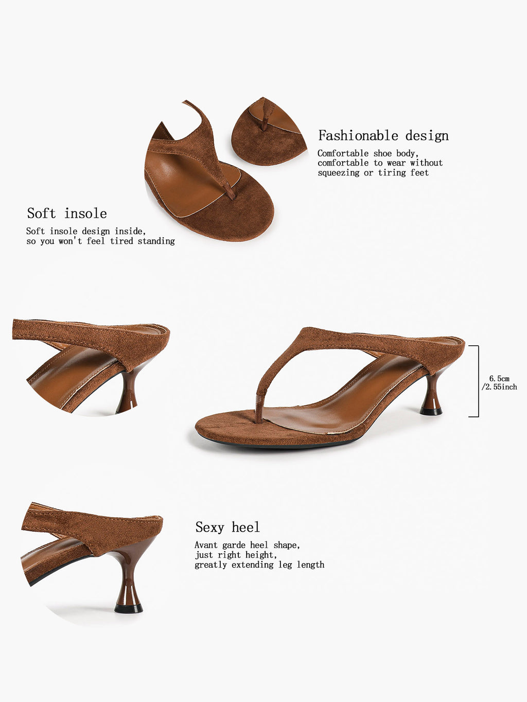 Women's Brown Suede T-Strap Thong Sandals Kitten Heels Slip-On Mules with Soft Insole