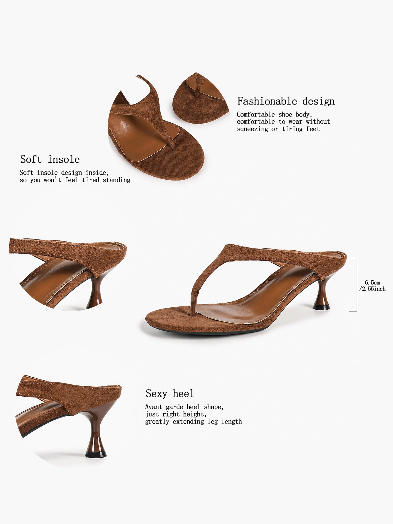 Women's Brown Suede T-Strap Thong Sandals Kitten Heels Slip-On Mules with Soft Insole