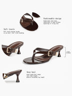 Women's Dark Brown Patent Leather T-Strap Thong Mule Sandals Buckle Detail Kitten Heels Slip-On with Soft Insole