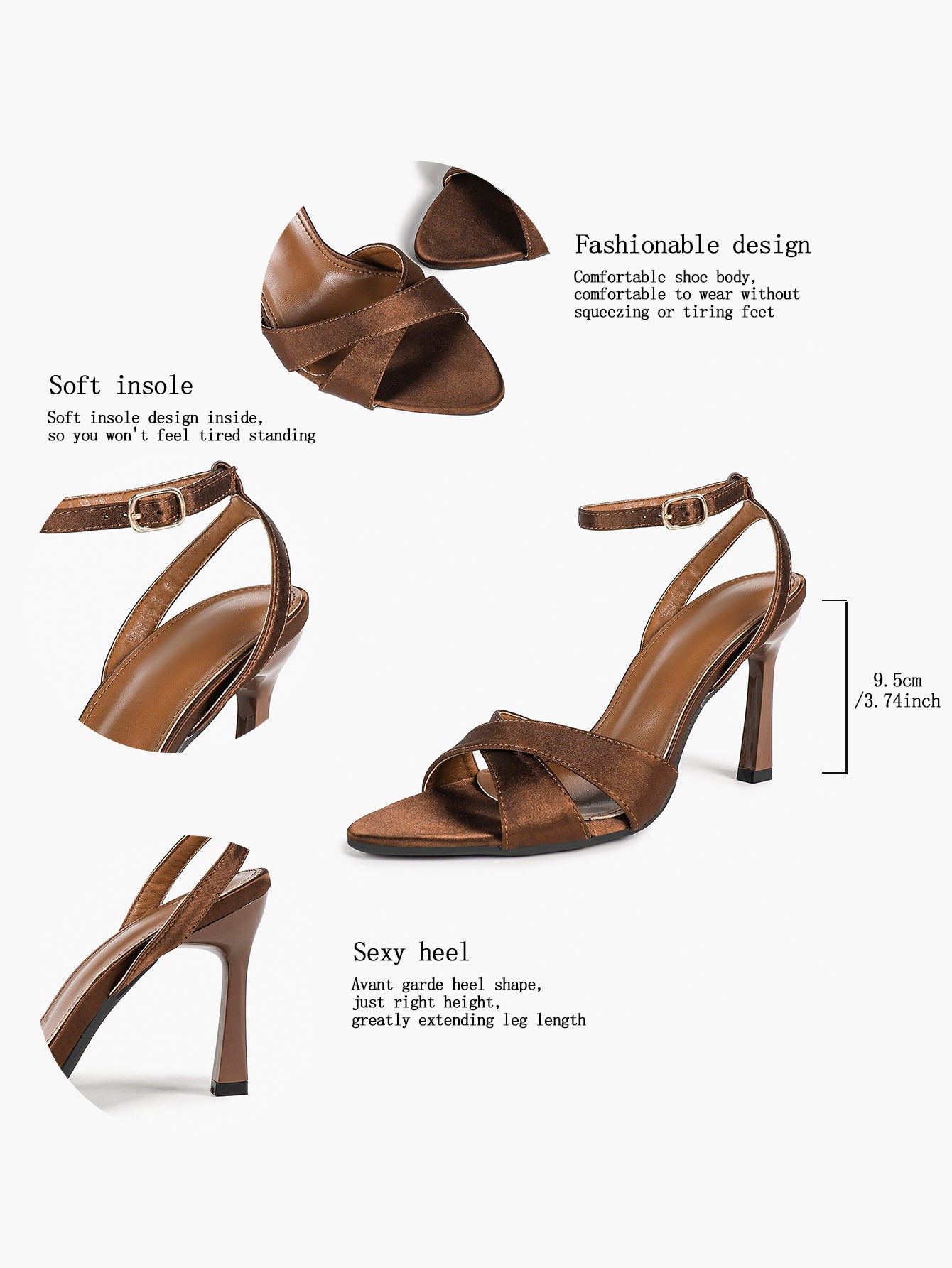 Comfortable Satin Cross-Strap Heels - Mocha Sandals with a Non-Slip Sole