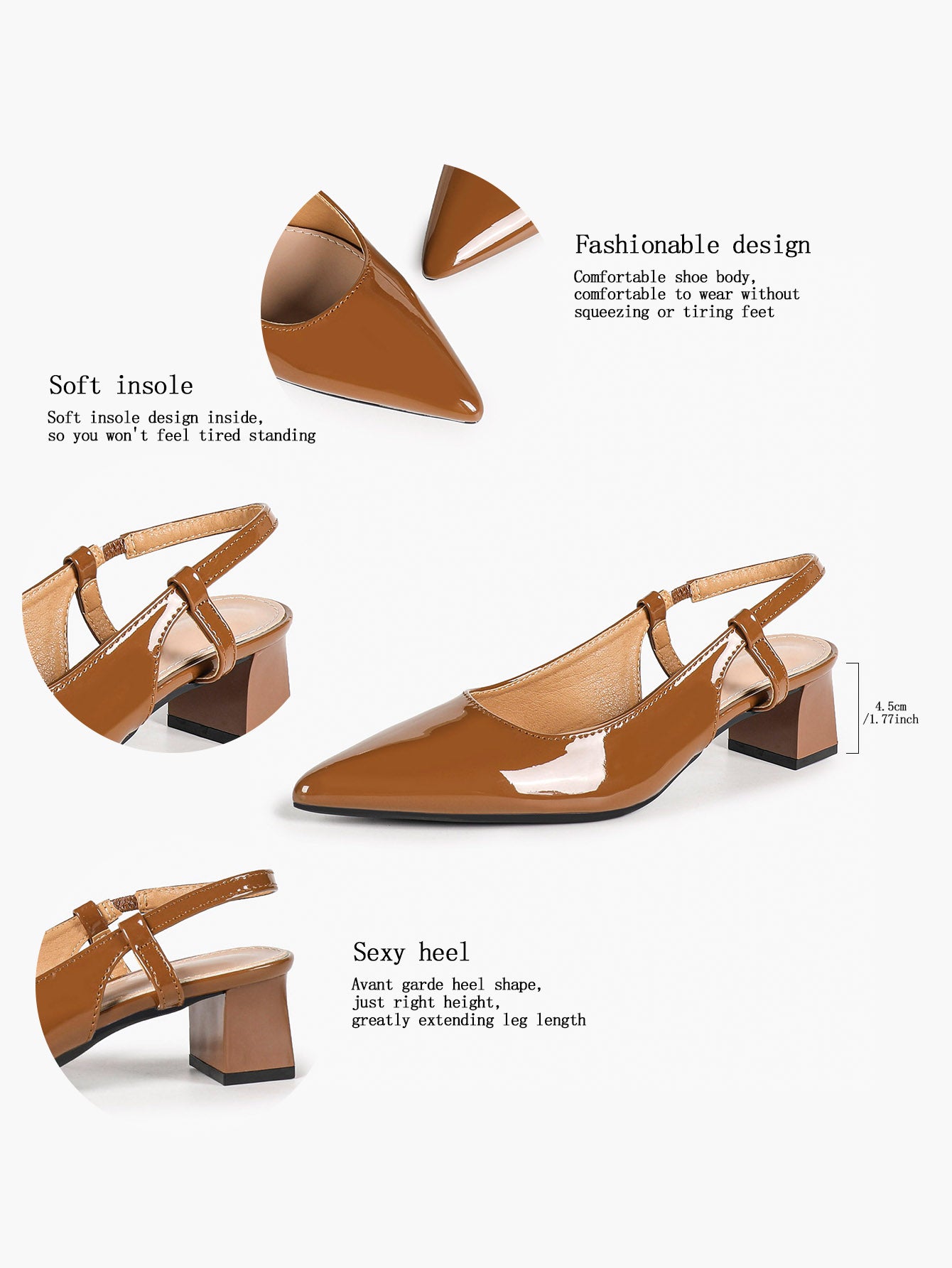 Caramel Patent Pointed-Toe Slingback Pumps with Split-Strap Detail and Block Heel
